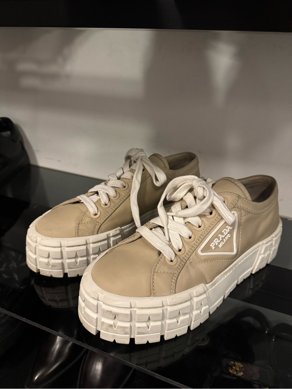 Prada Beige Leather Platform Lace-Up Sneakers